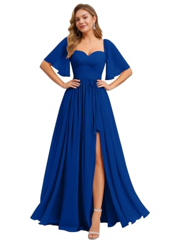 Image of IIF Women's Chiffon Bridesmaid Dresses for Wedding Flutter Sleeves Ruched A Line Long Formal Dress with Slit IIF149