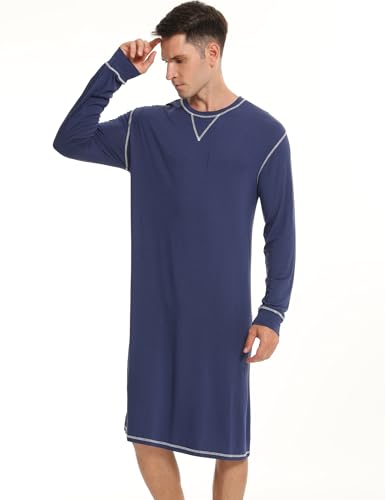 SWOMOG Mens Nightgown Long Sleeve Lounge, Sleep Henley Shirt Pajama Big & Tall Nightshirt Comfy Nightwear S-XXL4