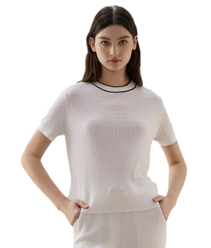 Luxury Cable Knit Short Sleeve Sweater, Crew Neck, White with Black Trim, Wool Silk Blend,24BC-2 (US, Alpha, Medium, Regular, Regular, White)