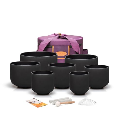 TOPFUND 6-14" 432Hz Set of 7 Black Crystal Singing Bowls