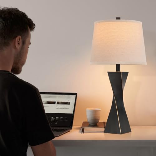 Liyicha Bedside Lamps Set of 2 Unique Modern Vintage Table Lamp Rustic Farmhouse Desk Lamps for Living Room End Tables Bulb Not Included, Linen Shade, 26.5 in,Black Gold by Liyicha - Used condition - Image 4