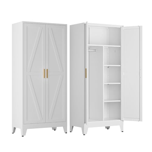 COFaR Metal Wardrobe Closet with Doors 71 Tall Steel Bedroom Armoire with Adjustable Hanging Rod and Shelves Broom Closet Storage Cabinet for Garage Laundry Office Farmhouse White