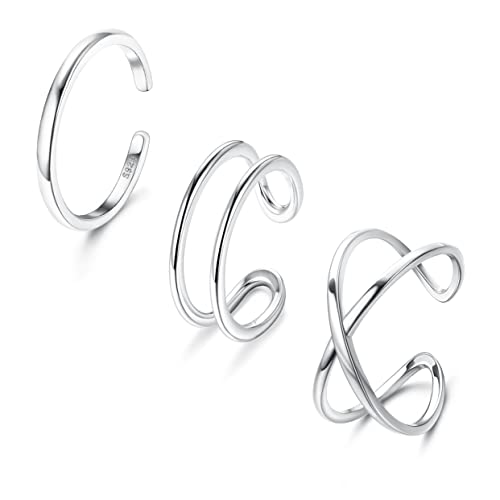 PATISORNA 3Pcs 925 Sterling Silver Open Adjustable Rings for Women Men Stackable Cross Arrow Heart Moon&Star Paperclip Rings Hypoallergenic Thumb Knuckle Simple Ring Set Size 6-9