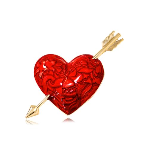 Image of Heart-Shaped Valentine's Day Brooch Pin - Retro Oil-Dripped Flower Design With Red Cupid's Arrow - Exquisite Collar Pin Love-Themed Badge Gift for Ladies and Girls