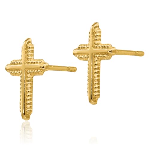 10K Solid Yellow Gold Holy Cross Studs Religious Christian Earrings3