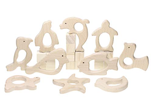 Penta Angel 10Pcs Wood Teething Rings Pain Relief Natural Wood Teething Toys Wooden Teether Animals for Infant Toddler, Turtles Swallows Dolphins Starfish Pigeons Birds Woodpeckers Fish Turtle