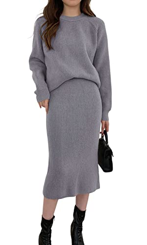 Image of chouyatou Women's Two Piece Sweater Skirt Sets Knit Sweater Top Bodycon Skirt 2 Piece Outfits