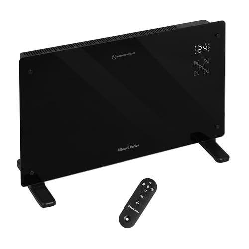 Russell Hobbs Glass Panel Electric Smart Heater WiFi Enabled 2000W with Remote Control in Black 3 Heat Modes Touch Contol & LED Display Auto-Adjust Temperature Sensor Wall Mountable RHPANH2006B
