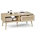 ZttRiee Coffee Table with Storage, Boho Dining Table with Rattan Drawer and Solid Wood Legs, Small Coffee Tables for Living Room, Oak