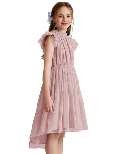 Quedoris Girls Tulle Dress Elastic Neck and Waist Three Layers Ruffle Sleeve Cocktail High Low Party Casual Dress