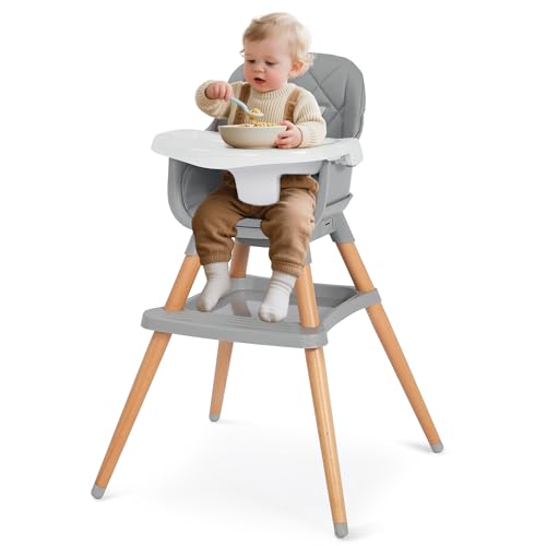 Kinder King 7 in 1 Baby High Chair for Babies and Toddlers with Large Storage Footrest Booster Seat Convertible Wooden High Chair with 3-Depth Double Dishwasher Safe Tray 5 Point Harness Gray