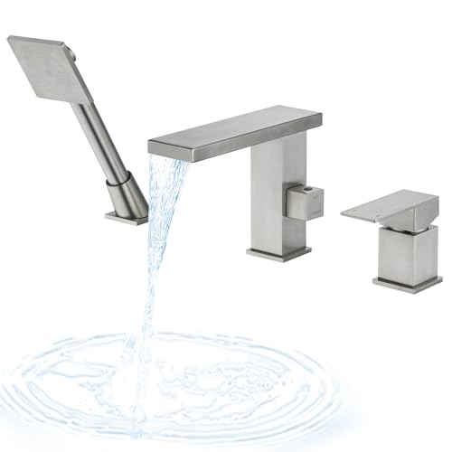 LIWEIKE Roman Tub Faucet with Sprayer, Brushed Nickel High Flow Deck Mount 3 Hole Waterfall Roman...