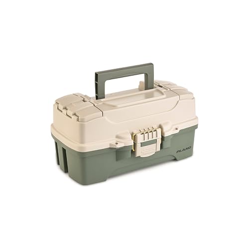 Image of Plano One-Tray Tackle Box, Green /Tan, Rust-Proof Brass Latch, Top-Access Tray with Deep Storage, Made in the USA, Portable Fishing Gear Storage Organizer