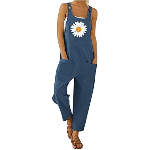EMATOP Damen Latzhose SommerJumpsuit Vintage Elegant Jeans Hose Lässig Loose Fit Jeanshosen Overall Einfarbig Mode Denim Playsuit Sexy Ärmellos Romper Cover