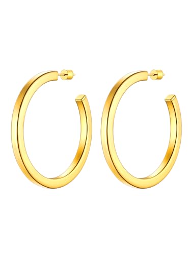 Image of Stainless Steel Chunky Hoop Earrings For Women, Minimalist and Chic, Black /Gold Plated, Round Hoops Earrings Hypoallergenic, Size: 30mm /40mm /60mm /80mm, Come with Box