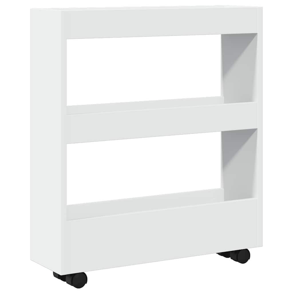 Carrito de almacenamiento estrecho de 3 pisos de madera blanca con 60 cm de ancho, versátil carrito de servicio con ruedas, ideal para cocina, baño y sala de estar, con ruedas estables y gran