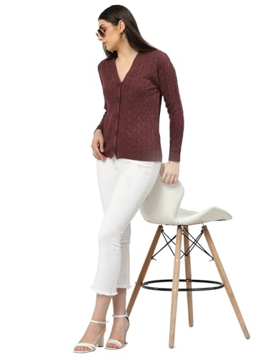 Image of Kalt Women Full Sleeves Cable Button Acrylic V-Neck Sweater