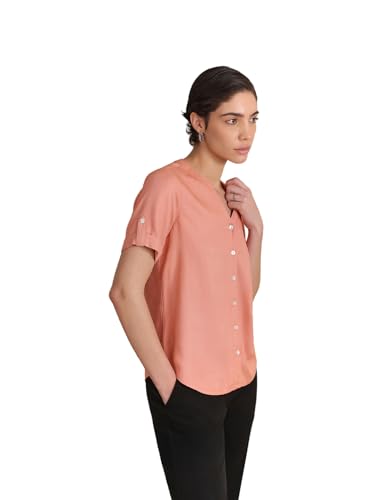 Image of FableStreet Women Formal Top | Asymmetrical Button Placket Band Collar Three-Quarter Sleeves | Pure Cotton Smooth Fabric for Office & Workwear