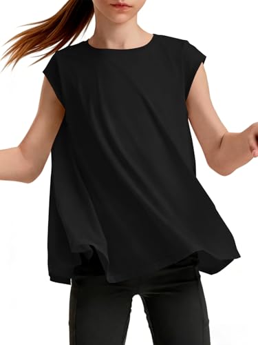 Haloumoning Girls Cap Sleeve Athletic Shirts Kids Summer Crewneck Oversized Workout Tops Gym Yoga Tees 5-14 Years Black