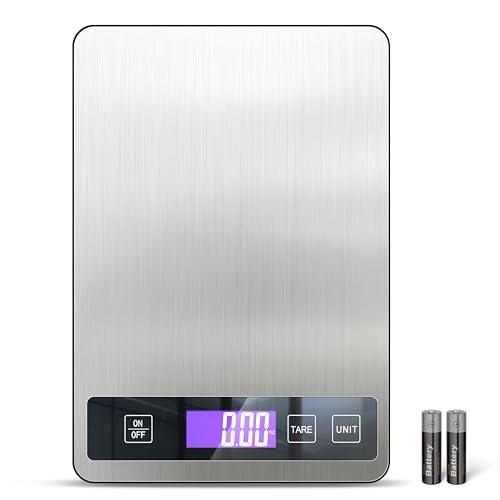 BAKFEE Food Scale for Kitchen, 15 kg/33 lb, Splash-Resistant Stainless Steel, Full-View LCD Display, Easy to Clean, 6 Units, Tare Function, Precise for Baking, Cooking & Meal Prep