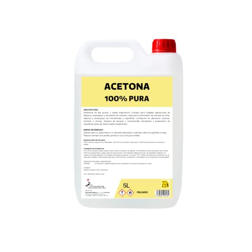 Acetona 100% Pura 5 Litros – Disolvente de Alta Pureza para Limpieza, Desengrase, Eliminación de Adhesivos, Resinas, Pinturas y Esmalte de Uñas – Evaporación Rápida – Proquimar