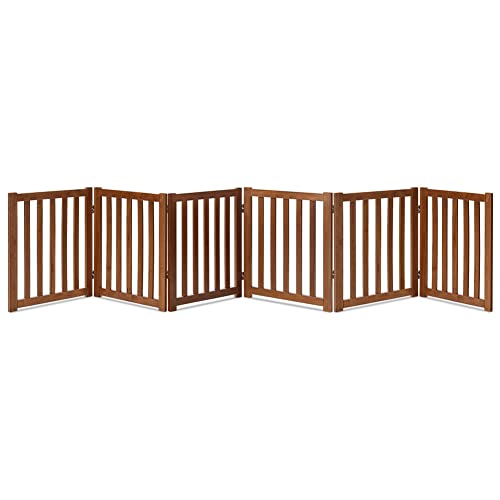 LZRS 6-Panel Extra-Wide Freestanding Wooden Dog Gate Indoor – 24”High Foldable Safety Pet Barrier for Doorways, Hallways, Kitchens, and Long Staircases, Durable Design fit Small to Medium Dogs, Oak