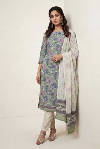 Image of Eddika women unstitched hand block printed cotton suit set with mulmul dupatta ehbpcswmd0120P