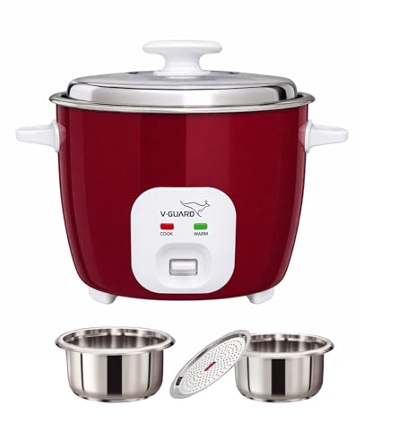 Image of V-Guard Rice Cooker With Double SS Pot, 1.8 Litres|2 Stainless Steel Cooking Pot|Stainless Steel Lid|700 Watts 5-Year Heating Plate & 2-Year Product Coverage|Keep Warm Function |Measuring Cup|Spatula|