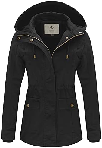 WenVen Women's Casual Lined Hooded Jacket Cotton Military Anorak (Black, XL)