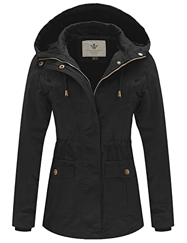 WenVen Women's Light Military Army Jacket Casual Canvas Hooded Coat (Black, S)