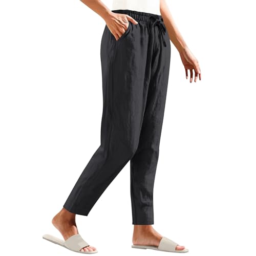 Womens Cotton Linen Pants Straight Leg Elastic Drawstring Casual Trousers with Pockets Summer Casual Beach Lounge Pants4