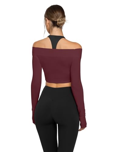 LASLULU Womens Long Sleeve Workout Tops Sexy Off the Shoulder Twist Front Bolero Shrugs Yoga Gym Ballet Wrap Tops Pilates Outfits (Burgundy, Small) — view 4