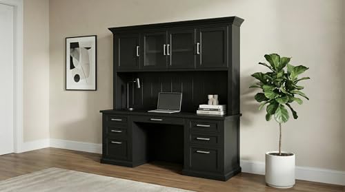 Modern Wood Hutch with Doors and Desk, Storage Hutch and Credenza, Office Storage, Fully Assembled, Black