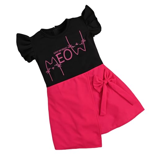 Image of ER Fashion Casual Cotton Blend Meow Printed Knee Length Ruffle Short Sleeves Dress for Girls (12-18 Months, Pink and Black)