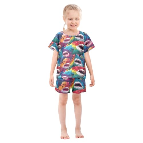 ALAZA Rainbow Color Sharks Pajama Set Short Sleeve Sleepwear Soft Lounge Nightwear3