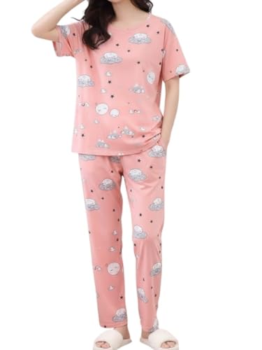 Image of Women's Korean Style Night Suit Set | Cotton Half Sleeve Top & Pyjama Set | Round Neck Printed Nightsuit | Comfortable Nightwear & Loungewear for Women | Sleepwear Pjs Lounge Set |Co-ords Outfit