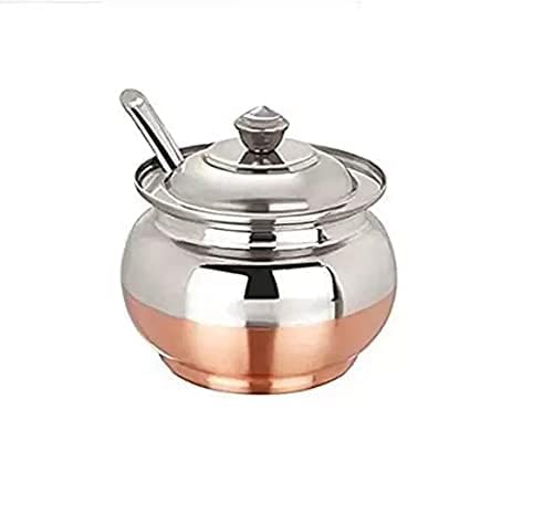 NIRON Multipurpose Stainless Steel Copper Bottom Ghee Pot 450ml | Ghee Container with Lid & Spoon | Traditional Ghee Dani for Butter Oil Storage | Mirror Finish Rust Resistant Kitchen Serving Pot-picture-10
