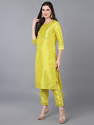 Image of Vaamsi Women's Poly Silk Embellished Solid Straight Kurta Pant with Dupatta