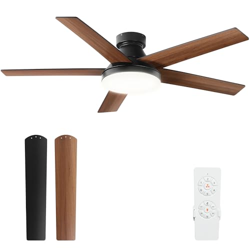 YITAHOME 52' Low Profile Ceiling Fan with Light & Remote, 3660 CFM, 3 CCT, 4 Timer Modes, 5 Reversible Dual Finish Blades, Quiet DC Motor for Living Room, Patio, Matte Black & Walnut