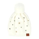 C.C Star Stud Pom Beanie with Pom for Women - Recycled Yarn Stretchable Soft Warm with Faux Fur Pom Knit Winter Skully Hat (Ivory)