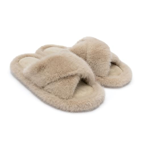 Chantomoo Womens Slippers Memory Foam Fuzzy Cross Band Faux Fur Slippers for Women Gift