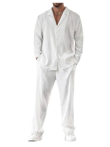 GORGLITTER Men's 2 Piece Linen Suit Long Sleeve Button Down Shirt and Pants Sets Walking Suits