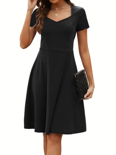 Women's Elegant Vintage Summer Sweetheart Neck Short Sleeve Casual Work Party Business A-Line Dress 163 - Main Image