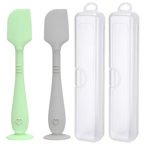 Image of 2 Pack Diaper Cream Spatula with Hygienic Travel Case, Butt Spatula Baby with Suction Base, Baby Butt Paste Spatula, Soft Silicone Diaper Rash Cream Applicator Large Size (Green & Gray)