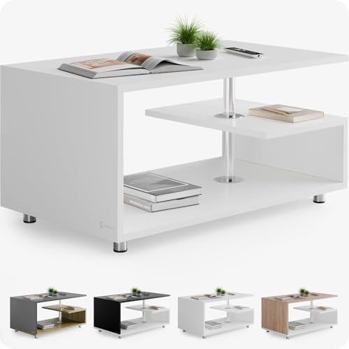 CASARIA® Wood Modern Coffee Table | 3 Tiers | Shelf Storage Space | Height Adjustable | 95x55 cm | Wooden, Scratch-Resistant | Modern Side Table for Living Room | White