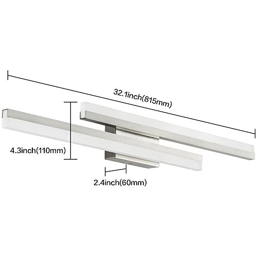 Image of PRESDE 32 Inch LED Bathroom Vanity Light Bar, Modern Brushed Nickel Wall Lighting Fixture Over Mirror 3CCT