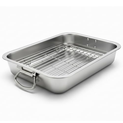 Plat à Rôtir Inox avec Grille 40 x 30 cm - Plaque de Cuisson Profonde avec Poignées Pliantes - Plat à Four Rectangulaire pour Poulet Rôti, Viande,...