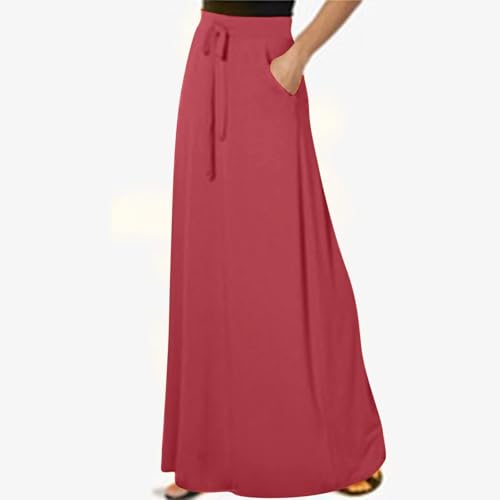 Womens Maxi Skirt Elastic Basic Solid Tie Dye Foldable High Waisted Midi Length Plus Size A-Line Skirts with Pockets(Watermelon Red,3X-Large)3
