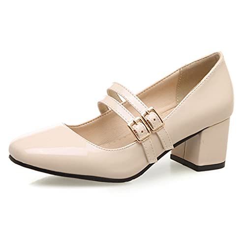 MIOKE Women's Mary Jane Pump Oxford Square Toe Patent Leather Buckle Strap Chunky Mid Heel Retro Dress Shoes
