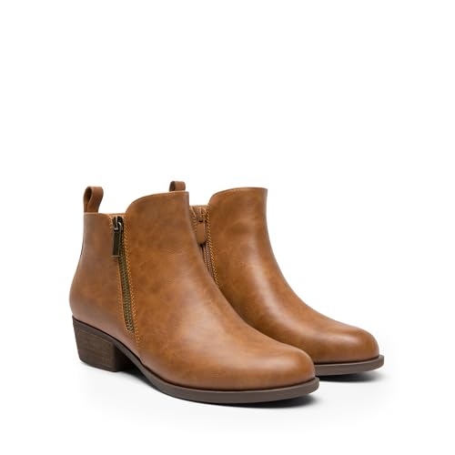 DREAM PAIRS Women's Ankle Boots Classic Low Chunky Heel Side Zipper Booties Shoes,Size 8,TAN-PU,SDAB2440W
